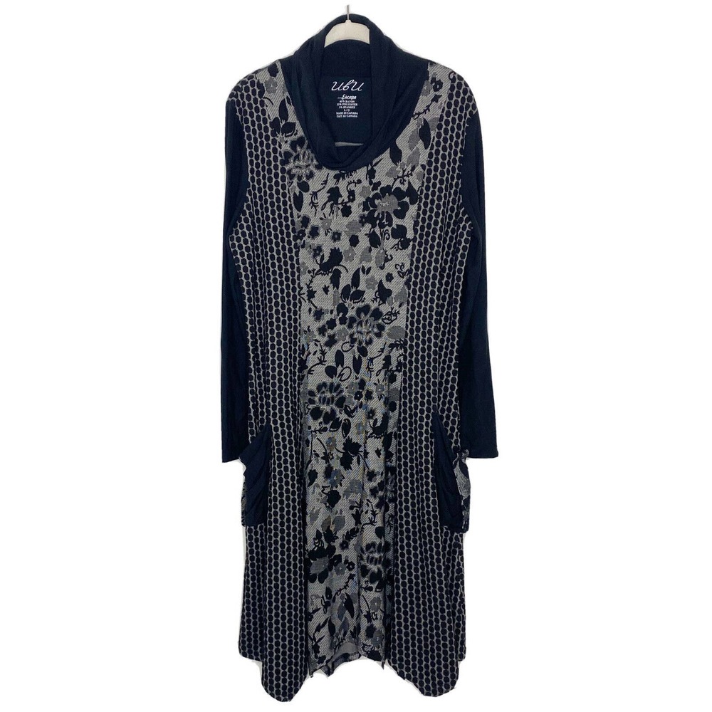ulu escape Black Gray Jacquard Cowl Neck Flare Dress W/ Pockets Women Size L